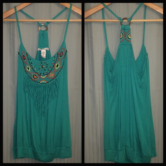 Fringe Beaded Turquoise Halter - Picture 2 of 5